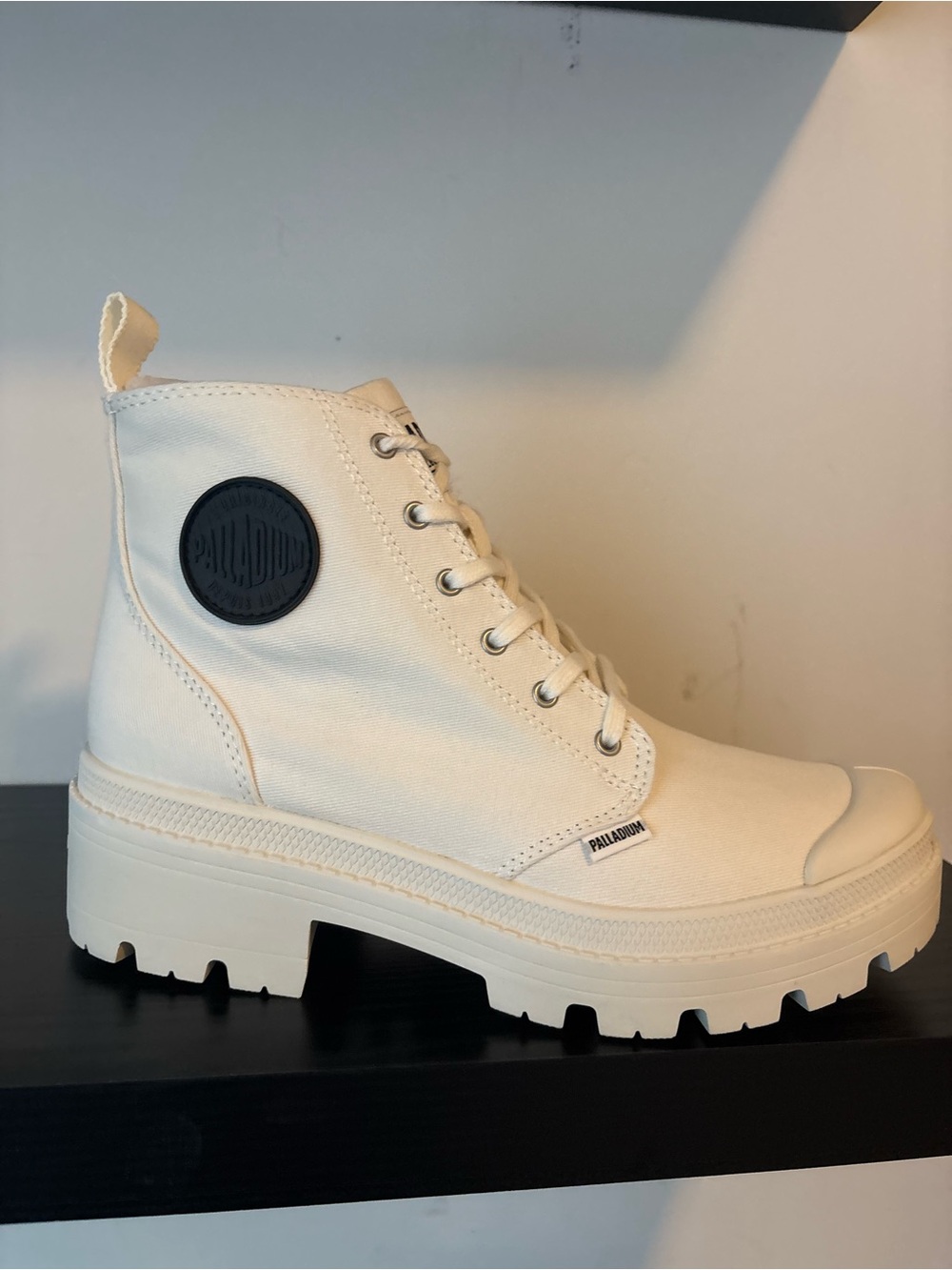 Palladium Women's Cream Canvas Lace-Up High-Top Boot with Black Logo